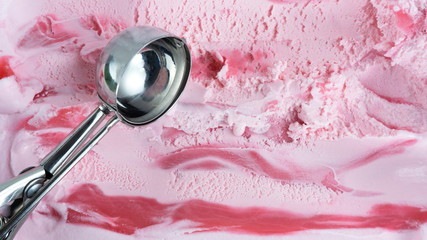 Closeup Scooping ice cream Strawberry, Top view Blank for design.