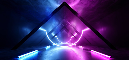 Neon Glowing Futuristic Triangle Sci Fi Dark Night  Laser Purple Blue Triangle Shaped Corridor Tunnel Reflective Concrete Stage Spaceship Background 3D Rendering