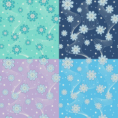 Vector set of seamless floral patterns of doodle flowers with spots and elements. Dark blue, light blue, light violet, tiffany, white colours.
