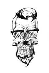 Hand drawn human hipster skull in glasses, beard and mustaches in vintage retro engraving style