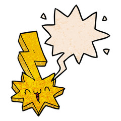 cartoon lightning bolt and speech bubble in retro texture style