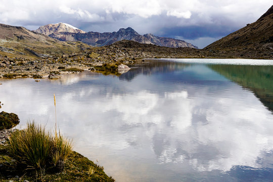 view of a picturesque mountain lake and landscape in the Andes of Peru