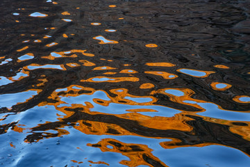 close up of a calm wave with orange water reflection in a soft backlight