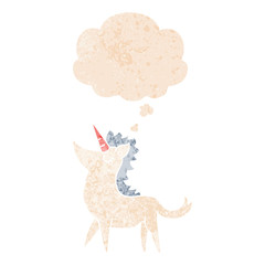 cartoon unicorn and thought bubble in retro textured style