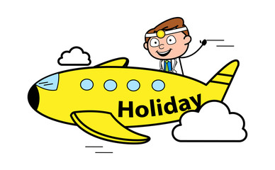 Travelling in Plane - Professional Cartoon Doctor Vector Illustration