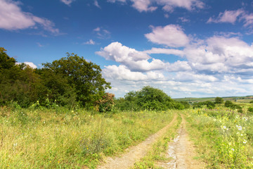 Fototapeta na wymiar dirt road at the top of the hill going to the horizon