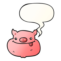 cartoon happy pig face and speech bubble in smooth gradient style