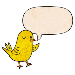 cartoon bird and speech bubble in retro texture style