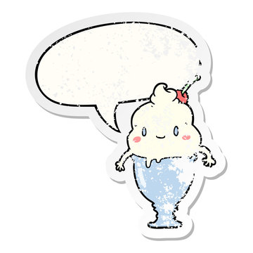 cute cartoon ice cream and speech bubble distressed sticker