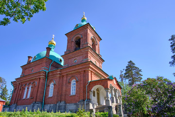 Scenic view of Skete of Resurrection of the Valaam Monastery on Valaam island on Ladoga lake in Karelia. Beautiful summer sunny look of old orthodox temple on the North of Russian Federation