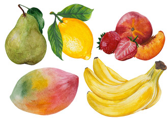 Set, collection, kit of exotic fruits in watercolor on white. Hand drawn pear, banana, peach, strawberry, mango, lemon