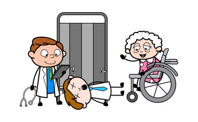 Doctor with Old Lady and Unconscious Patient - Professional Cartoon Doctor Vector Illustration
