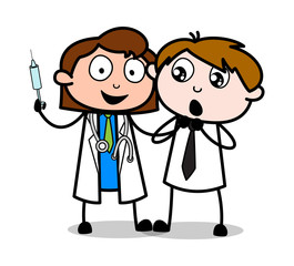 Female Doctor Holding a Syringe and Boy Scared - Professional Cartoon Doctor Vector Illustration