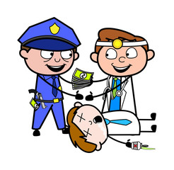 Doctor Offering Bribe to a Policeman for Murder - Professional Cartoon Doctor Vector Illustration