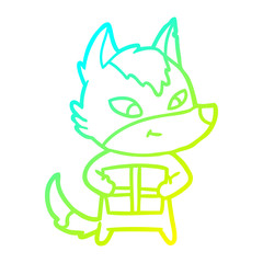 cold gradient line drawing friendly cartoon wolf with gift