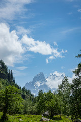 the valley of vallorcine in the french alps near chamonix in spring time showing green fresh meadows and tall peak mountains with snow caps