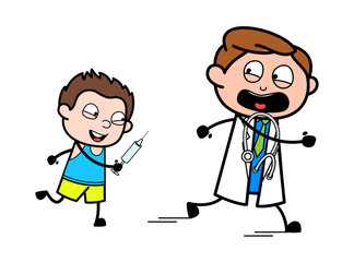 Kid Running Behind the Doctor for Vaccination - Professional Cartoon Doctor Vector Illustration