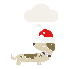 cartoon dog wearing christmas hat and thought bubble in retro style