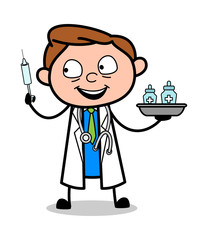 Doctor Showing Vaccination Items - Professional Cartoon Doctor Vector Illustration