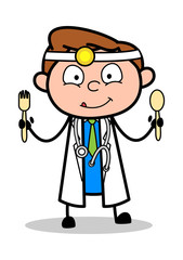 Showing Spoons - Professional Cartoon Doctor Vector Illustration