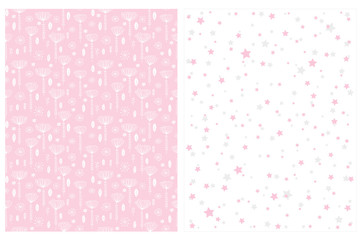 Infantile Style Seamless Vector Patterns with White Abstract Garden on a Pink Background and Pink and Gray Stars on a White.Lovely Delicaye Print for Textile, Wrapping Paper, Printing.Baby Girl Party.