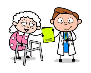 Doctor Giving a Medical Report to a Old Lady - Professional Cartoon Doctor Vector Illustration
