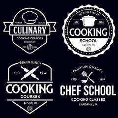 Naklejka premium Set of vintage retro handmade badges, labels and logo elements, retro symbols for cooking school, culinary courses, food or home cooking.