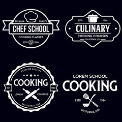 Set of vintage retro handmade badges, labels and logo elements, retro symbols for cooking school, culinary courses, food or home cooking.