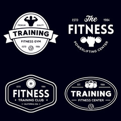 Set of fitness badges with sport equipment and people. Labels in vintage style with sport silhouette symbols.