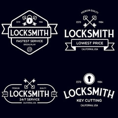 Set of vintage locksmith logo, retro styled key cutting service emblems, badges, design elements, logotype templates. - obrazy, fototapety, plakaty
