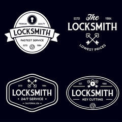 Set of vintage locksmith logo, retro styled key cutting service emblems, badges, design elements, logotype templates.