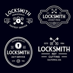 Fototapeta na wymiar Set of vintage locksmith logo, retro styled key cutting service emblems, badges, design elements, logotype templates.