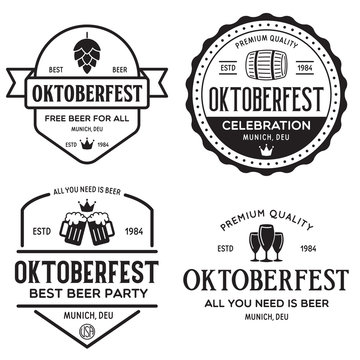Beer festival Oktoberfest celebrations retro style labels, badges and logos set with beer mug, barrel etc.