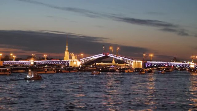 Amazing view of divorce Palace Bridge Dvortsovy over Neva River at Saint Petersburg, Russia. White nights in St. Petersburg.