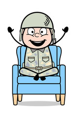 Sitting and Cheering - Cute Army Man Cartoon Soldier Vector Illustration