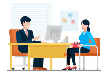 Woman having a job interview recruiting with hr businessman while sitting near desk in office vector illustration.