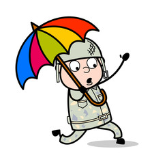 Running with Umbrella - Cute Army Man Cartoon Soldier Vector Illustration