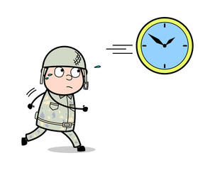 Running to Catch the Time - Cute Army Man Cartoon Soldier Vector Illustration