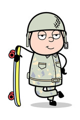 Standing in Attitude with Skateboard - Cute Army Man Cartoon Soldier Vector Illustration