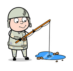 Fishing - Cute Army Man Cartoon Soldier Vector Illustration