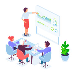 Isometric female speaker conducting presentation for coworkers during business meeting in office vector illustration.