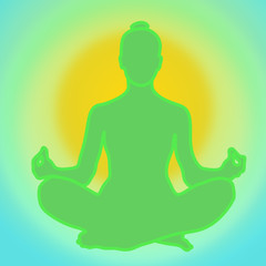 Girl is meditating at sunrise