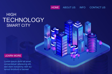 Smart city with business center skyscrapers. isometric illustration. Intelligent smart buildings. Computer blockchain network model. Internet of things concept vector illustration.