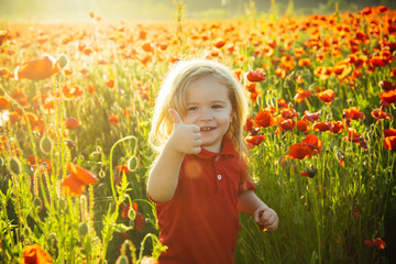 Kid thumb up. Happy summer. A boy with long hair. Field of poppies. Summer nature. Happy childhood....