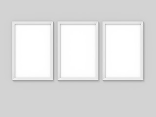 Set of 3 vertical A4 white simple picture frame. Mockup for photography. 3D rendering