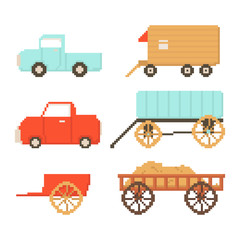 Set of village transport isolated on white background. Car, trailer, cart. Graphics for games. 8 bits Vector illustration in pixel art style