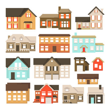 Set of pixel houses isolated on white background. Graphics for games. 8 bit. Vector illustration in pixel art style.