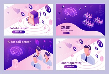 Fototapeta na wymiar Artificial intelligence manages call center, isometric 3d vector illustration set, customer service and mobile support landing page, operator with headphone, contact centre concept