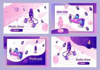 Modern music radio show or audio blog concept, podcast isometric 3d illustration set, vector landing page template with people, microphone, sound studio interior - 275949634