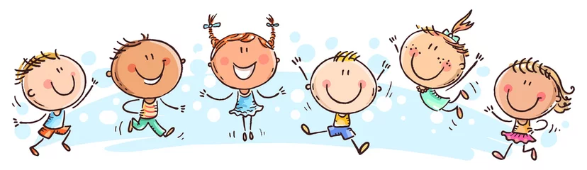 Foto op Plexiglas Kleuterschool Zes vrolijke doodle kinderen op een rij
